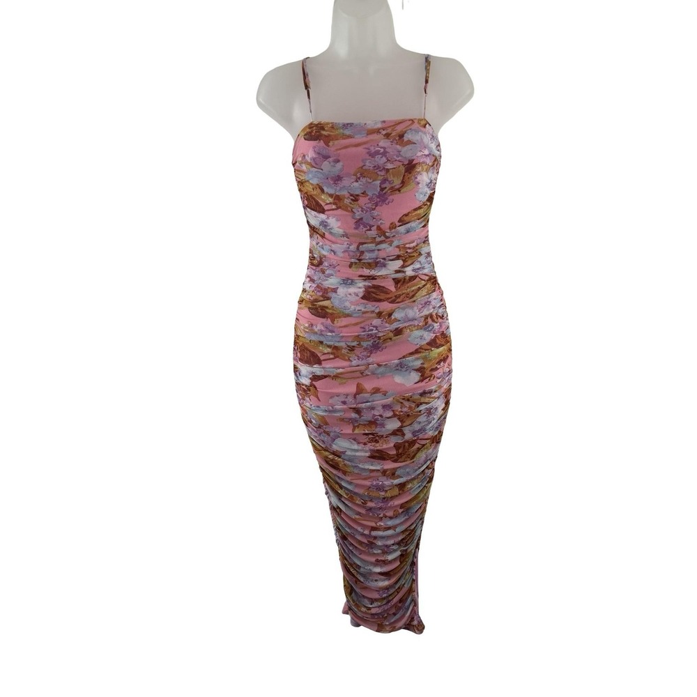 Privy Pink Floral Ruched Mesh Maxi Dress Bodycon Fairycore Coquette Womens Small
